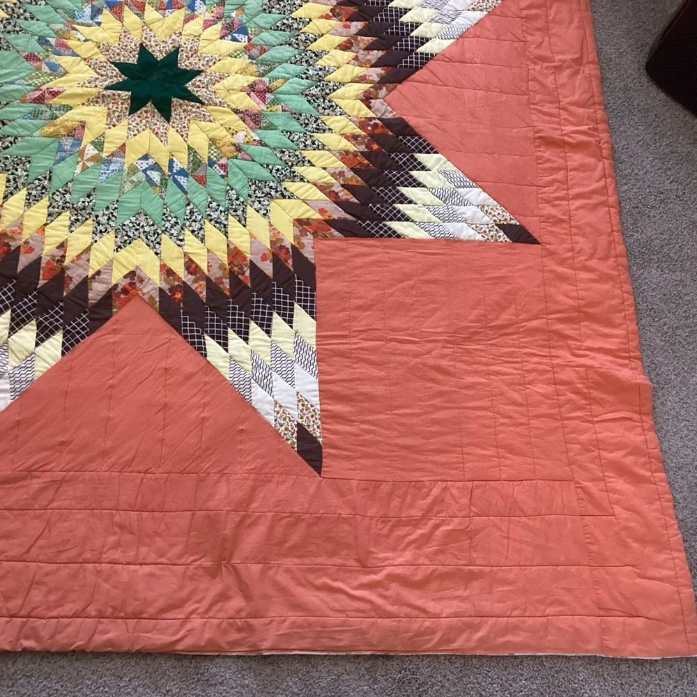 Vintage Lone Star Quilt Orange Brown Green 84”x90”